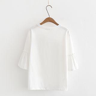 Elbow-sleeve Embroidered T-shirt White - One Size