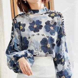 Long-sleeve Embellished Floral Mock-neck Chiffon Blouse
