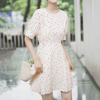 Elbow-sleeve Heart Patterned Chiffon A-line Mini Dress