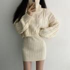 Set: Cropped Turtleneck Sweater + Knit Mini Fitted Skirt
