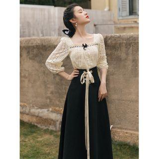 Set: Square-neck Lace Blouse + Midi A-line Skirt