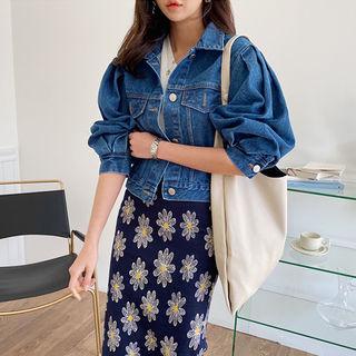 Balloon-sleeve Denim Jacket Dark Blue - One Size
