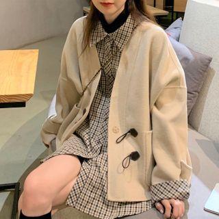 Set: Long Sleeve Plaid Shirt + Plain Button-up Coat