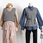 Set: Houndstooth Sleeveless Wool Top + Bubble-sleeved Blouse