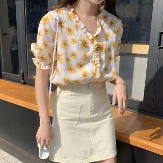 Floral Print Elbow Sleeve Blouse Yellow - One Size