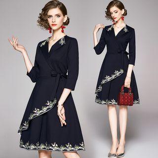Embroidered Tie-waist 3/4-sleeve A-line Dress