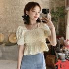 Puff-sleeve Floral Print Shirred Peplum Crop Top Light Yellow - One Size
