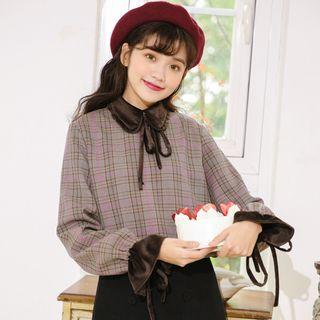 Long-sleeve Frill Trim Velvet Paneled Plaid Blouse