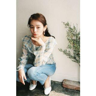 Ruffle-collar Plaid Chiffon Blouse