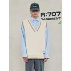 [r:lol] Couple V-neck Contrast-trim Knit Vest Beige - One Size