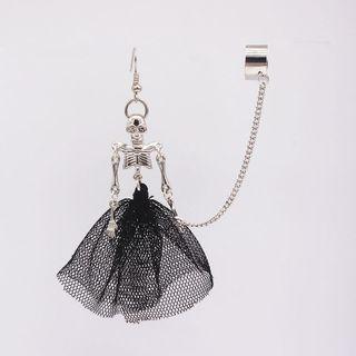 Skeleton Mesh Chained Alloy Cuff Earring 1 Pc - Silver & Black - One Size