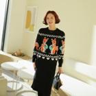 Set: Print Sweater + H-line Knit Skirt Black - One Size