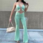 Set: Cut-out Cropped Halter Top + Lace Up Boot-cut Pants