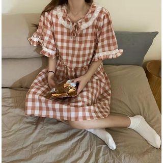 Plaid Short-sleeve A-line Dress Plaid - Pink - One Size