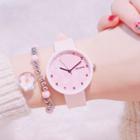 Set : Faux Leather Sakura Print Strap Watch + Beaded Bracelet