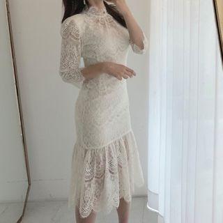 Elbow-sleeve Flared Hem Midi Lace Sheath Dress
