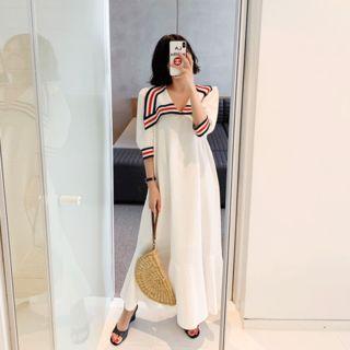 V-neck Contrast-trim Ruffle-hem Long Dress