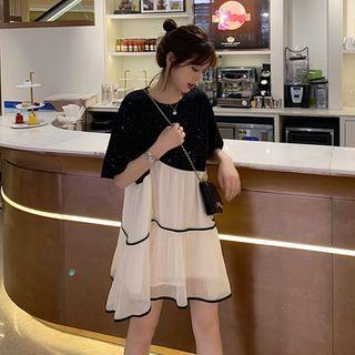 Elbow-sleeve Mesh Overlay Mini A-line Dress