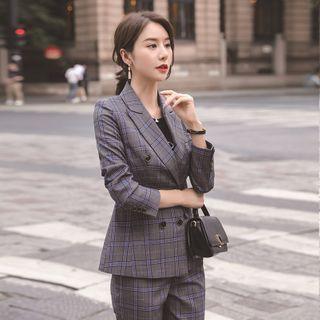 Double-breasted Plaid Blazer / Straight-cut Pants / Set
