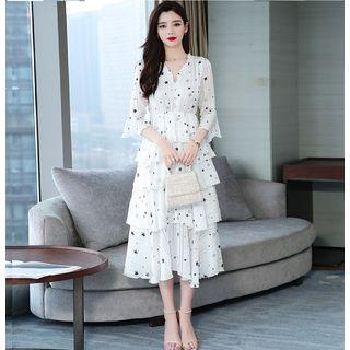 Tiered Star Print 3/4-sleeve Chiffon Dress