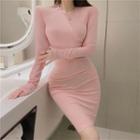 Twisted-back Ribbed Long-sleeve Mini Sheath Dress Pink - One Size