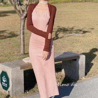 Long-sleeve Crop Top / Spaghetti Strap Midi A-line Knit Dress