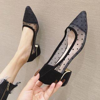 Dotted Mesh Pointy-toe Block Heel Pumps