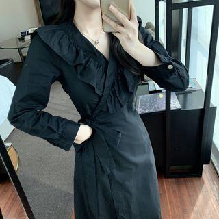 Long-sleeve Ruffle Trim Tie-waist Dress