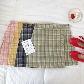 Asymmetric Single-breasted Plaid High-waist Skirt