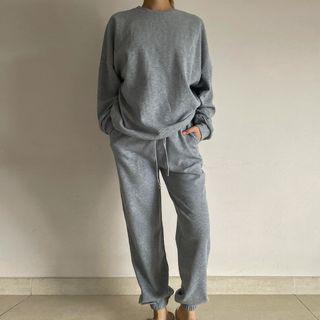 Set : Plain Waffle Sweatshirt + Drawstring Gathered Cuff Pants