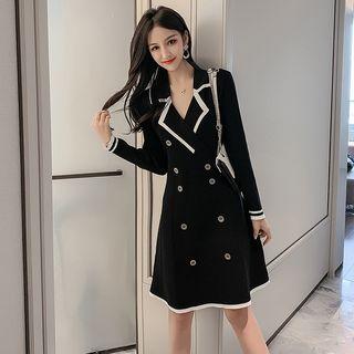 Long-sleeve V-neck Contrast Trim A-line Dress