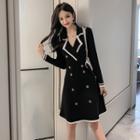 Long-sleeve V-neck Contrast Trim A-line Dress