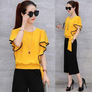Set: Short-sleeve Chiffon Blouse + Wide Leg Pants