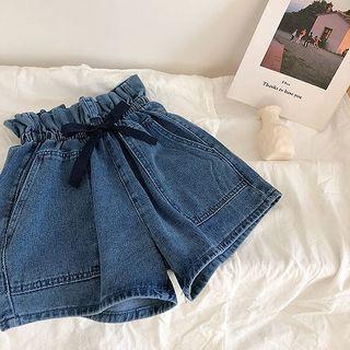 Plain Lace-up High-waist Denim Shorts