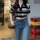 Short-sleeve Collared Strappy Striped T-shirt Black & Almond - One Size