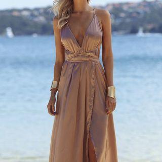 Spaghetti Strap Plunge-neck Slit Maxi A-line Dress