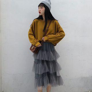 Plain Sweatshirt/ Midi A-line Tiered Mesh Skirt