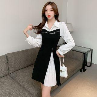 Long-sleeve Collared Pleated Panel Mini A-line Dress