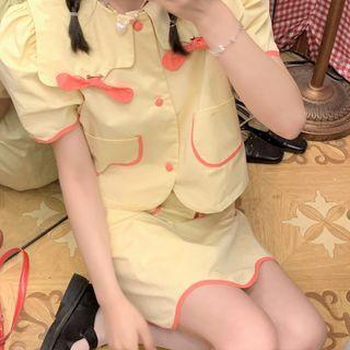 Puff-sleeve Bow Accent Blouse / Mini Pencil Skirt