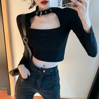 Long-sleeve Buckle Neck T-shirt