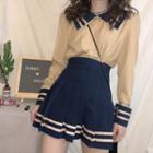 Set : Lapel Collar Short Sleeve Blouse + Striped Mini Skirt