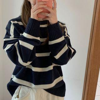 Long-sleeve Striped Sweater Navy Blue - One Size