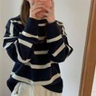 Long-sleeve Striped Sweater Navy Blue - One Size