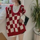 Check Sweater Vest Vest - Red & White - One Size