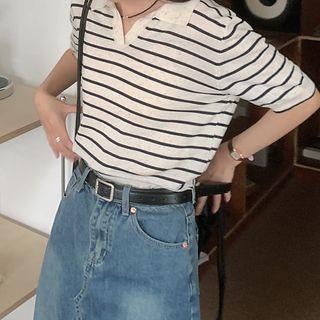 Elbow-sleeve V-neck Striped Polo Shirt Almond - One Size