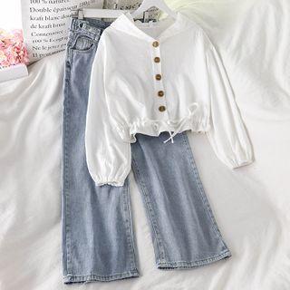 Hood Button Jacket / Wide Leg Jeans