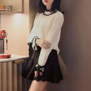 Bell-sleeve Bow Long-sleeved Loose-fit Knitted Sweater