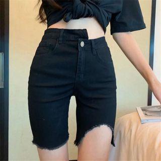 Irregular-waistline Furry-trim Denim Shorts