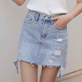 Distressed Denim Skirt With Belt