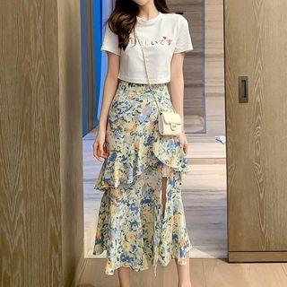 Set: Short-sleeve Cropped T-shirt + Floral Print Tiered Midi A-line Skirt
